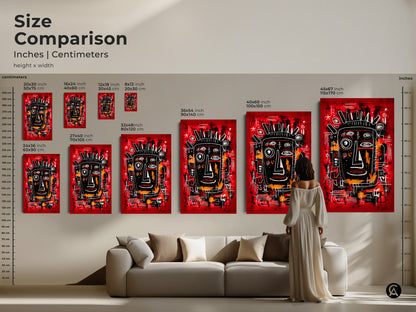 A size comparison of abstract face art in inches and centimeters. Various sizes are available to fit any room. See how this bold artwork transforms a living space with its unique and modern appeal.