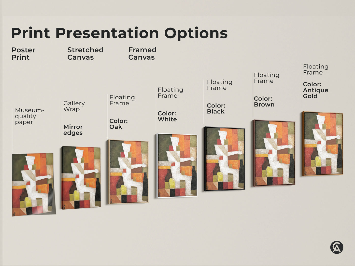 Print presentation options for abstract geometric artwork. Choose from poster print stretched canvas and framed canvas. Select a color frame to fit your style. This modern artwork is perfect for any room.