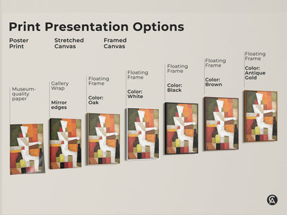 Print presentation options for abstract geometric artwork. Choose from poster print stretched canvas and framed canvas. Select a color frame to fit your style. This modern artwork is perfect for any room.