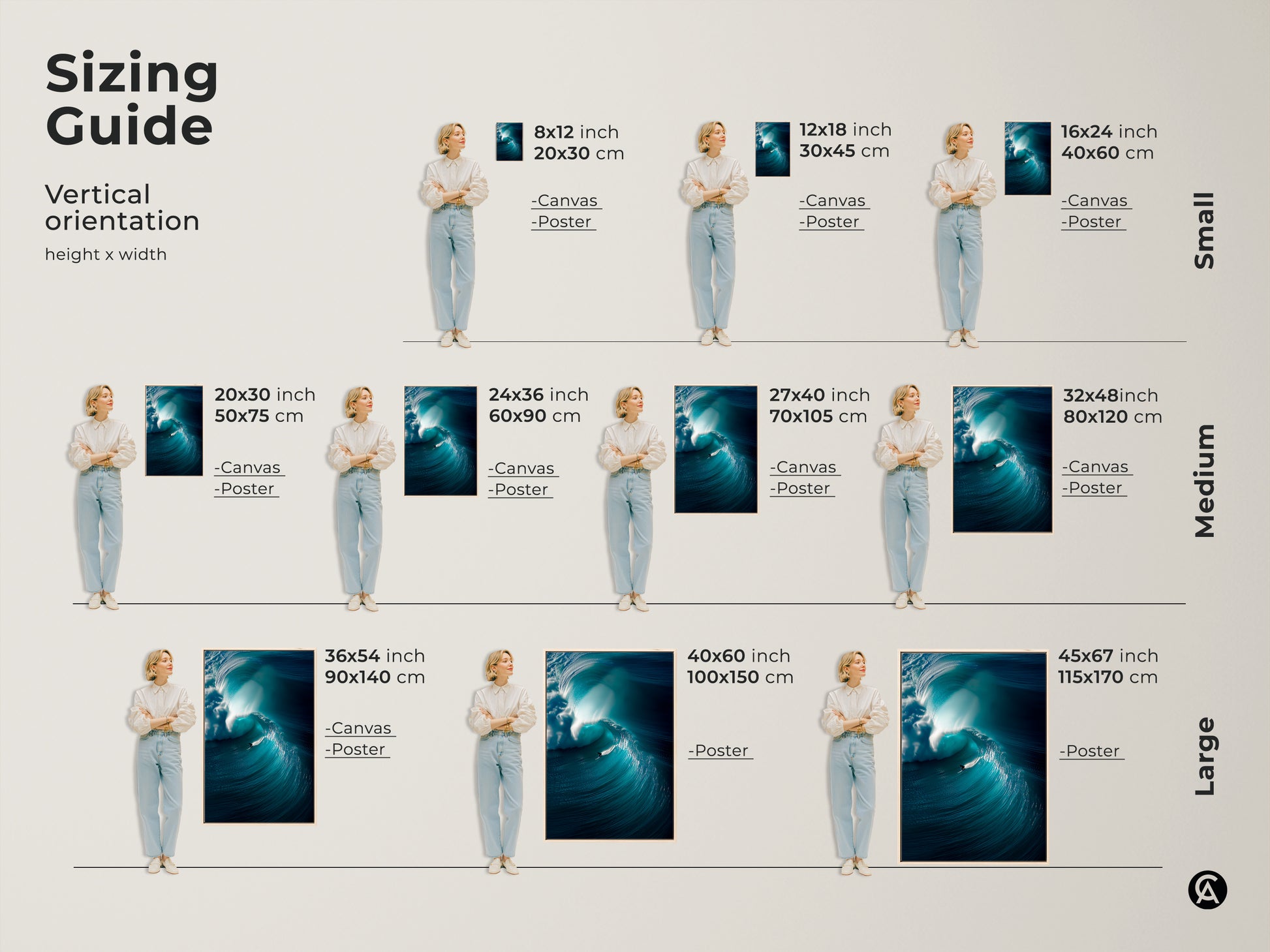 Find the perfect size for your ocean wave art print. This sizing guide shows vertical orientation options. Available in small medium and large sizes. Choose from canvas or poster prints. Find the ideal fit for your wall decor needs. Sizes range from 8x12 to 45x67 inches.
