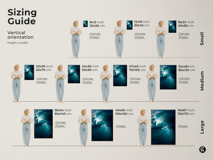 Find the perfect size for your ocean wave art print. This sizing guide shows vertical orientation options. Available in small medium and large sizes. Choose from canvas or poster prints. Find the ideal fit for your wall decor needs. Sizes range from 8x12 to 45x67 inches.