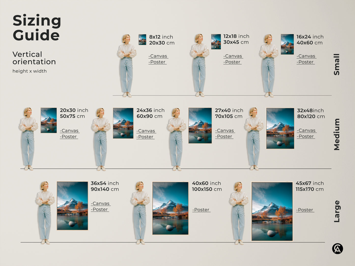 Sizing guide shows the vertical orientation of mountain river canvas. Artwork is available in small medium and large sizes. Find the perfect fit for your home with this canvas or poster.