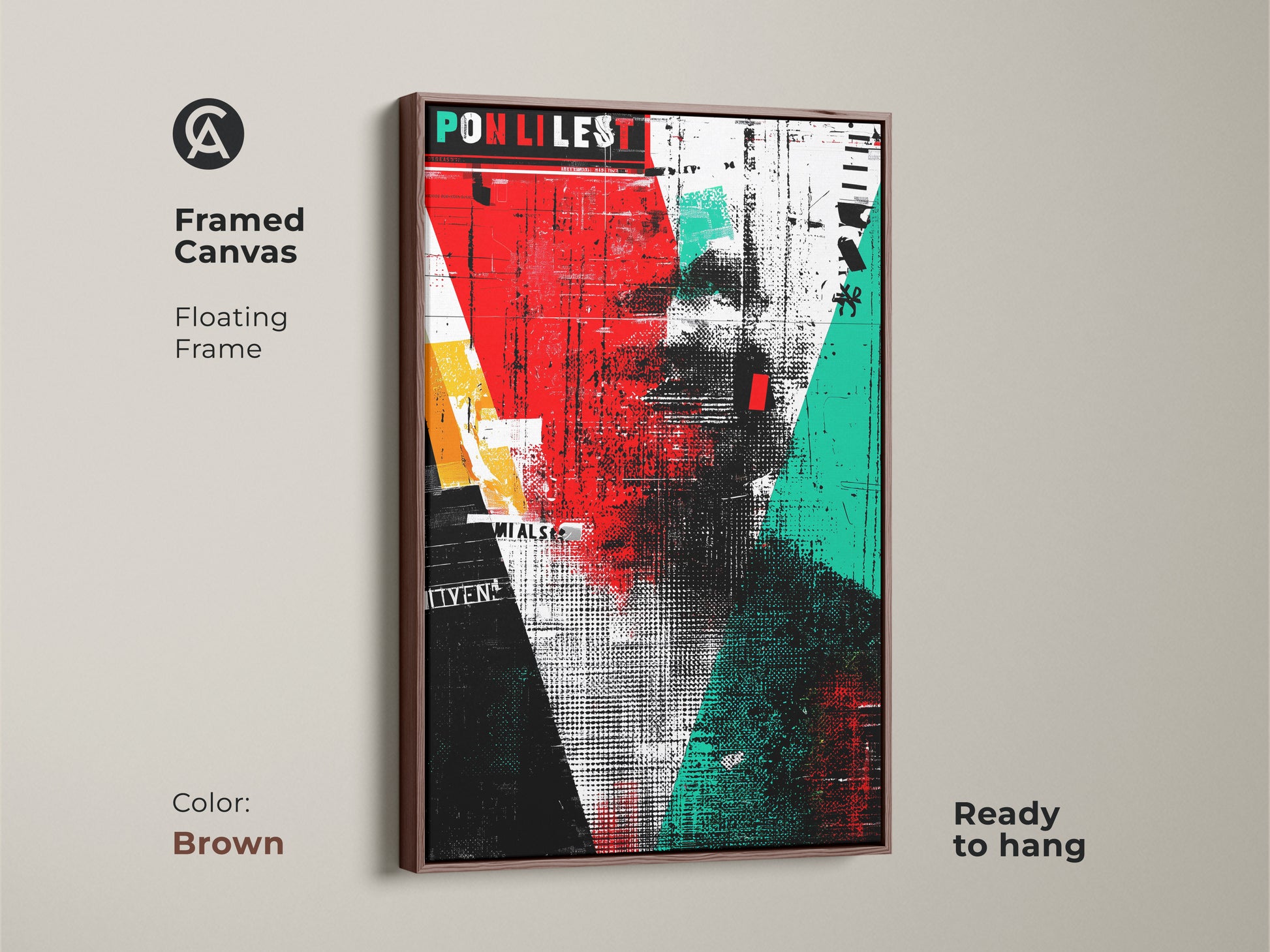 Framed canvas featuring abstract typography wall art with a floating brown frame. The grunge portrait canvas print displays red black and teal art decor. Ready to hang this eclectic collage artwork enhances any room. A contemporary portrait art piece.