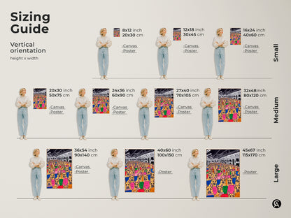 This sizing guide shows the vertical orientation of the pop art dog subway canvas. It is available in small medium and large sizes. Perfect for adding a touch of cartoon style and eclectic art to any room in your home.