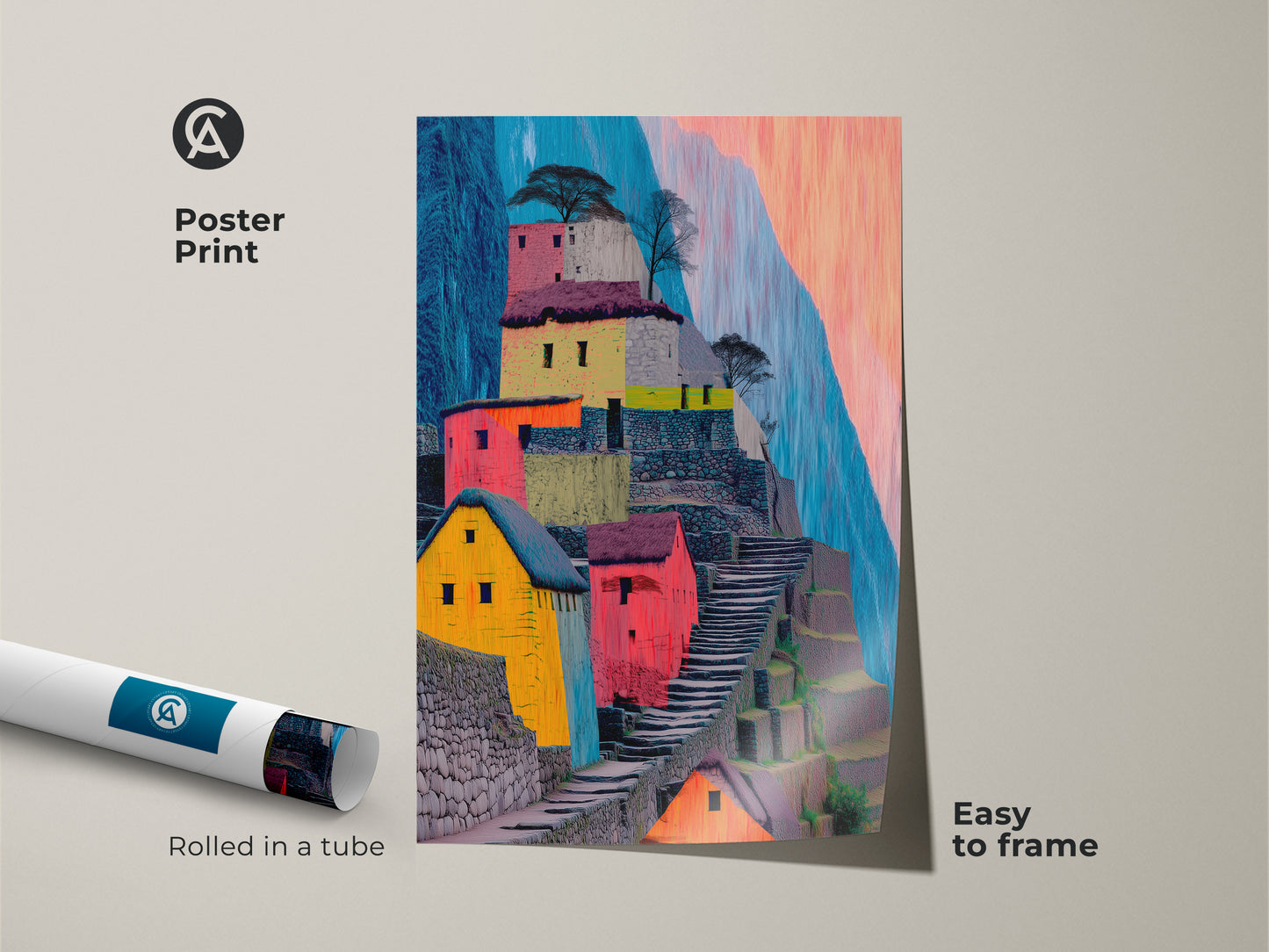 This poster print features a vibrant abstract landscape. Machu Picchu canvas art shows terraced hillsides in yellow red and teal tones. Easy to frame its perfect for adding a touch of global charm to your space. A unique travel souvenir art print.