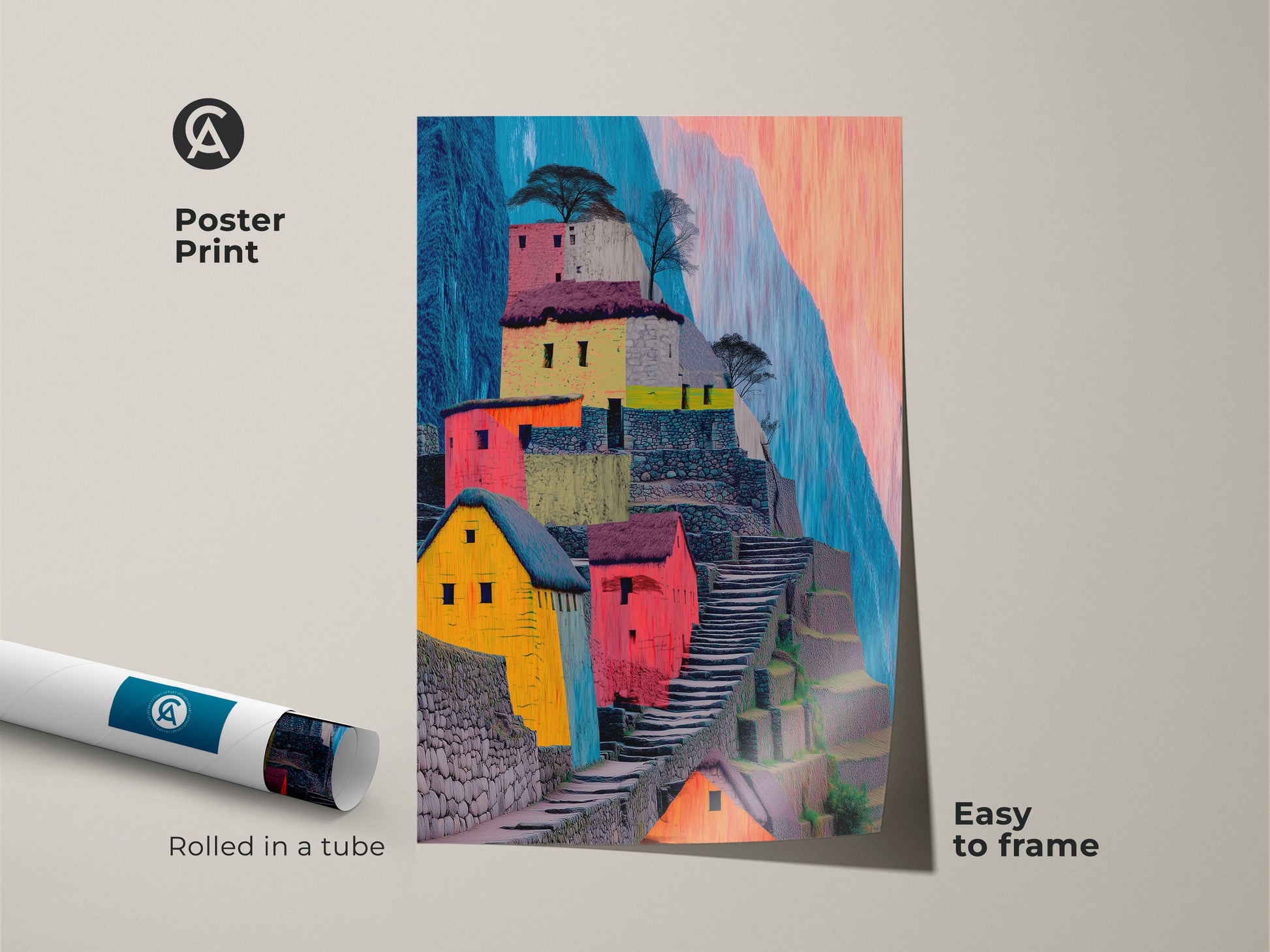This poster print features a vibrant abstract landscape. Machu Picchu canvas art shows terraced hillsides in yellow red and teal tones. Easy to frame its perfect for adding a touch of global charm to your space. A unique travel souvenir art print.