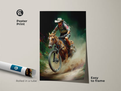 Poster print showcasing a cowboy riding a horse with a mountain bike. This unique outdoor adventure artwork is rolled in a tube for easy framing. It’s a perfect blend of western and cycling art for any home. This rustic digital painting adds a touch of adventure and character to your walls.