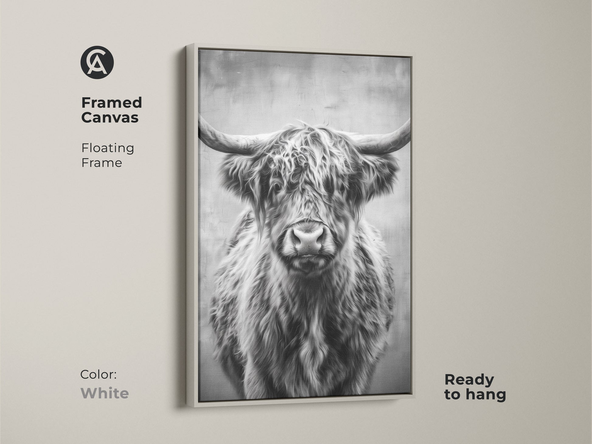 Framed canvas features a monochrome Highland Cow. The white floating frame accentuates the black and white animal artwork. Ready to hang this rustic wildlife art adds farmhouse charm. It's a perfect art print.
