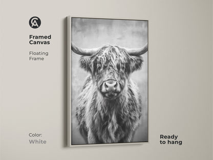 Framed canvas features a monochrome Highland Cow. The white floating frame accentuates the black and white animal artwork. Ready to hang this rustic wildlife art adds farmhouse charm. It's a perfect art print.