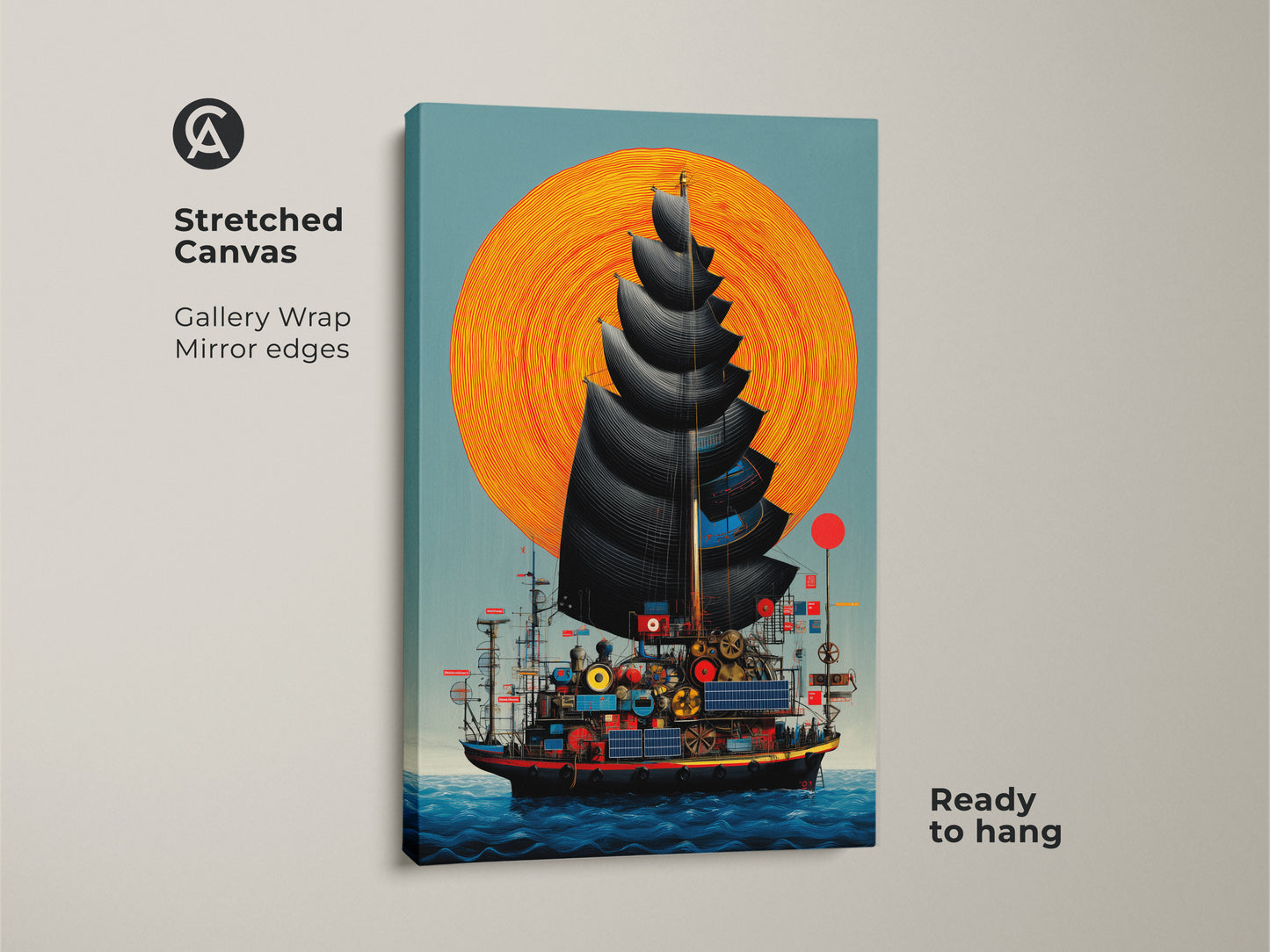 A gallery wrapped steampunk ship canvas art print. It features a fantasy nautical theme with an orange sun and teal ocean. Ready to hang this junk ship wall art will bring a unique look to your home.
