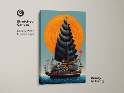 A gallery wrapped steampunk ship canvas art print. It features a fantasy nautical theme with an orange sun and teal ocean. Ready to hang this junk ship wall art will bring a unique look to your home.