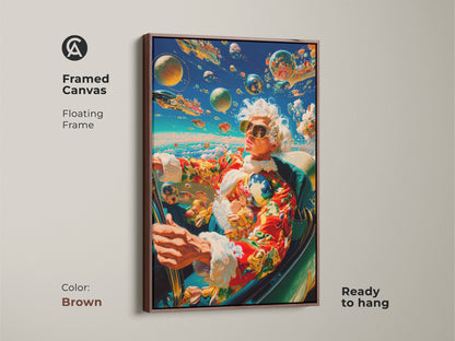 Framed canvas artwork shows a person driving a car with planets in the sky. This floating frame canvas is brown. The art is ready to hang. Shop framed canvas prints today.