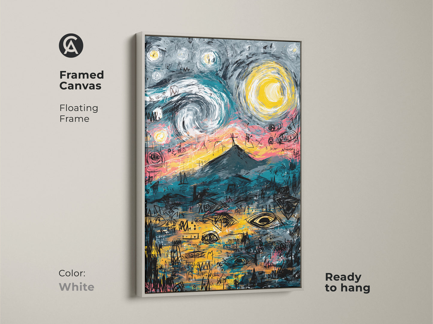 Framed canvas art print in a white floating frame. The artwork shows a mountain under a starry sky. The canvas print is ready to hang. Shop white framed canvas art prints now.