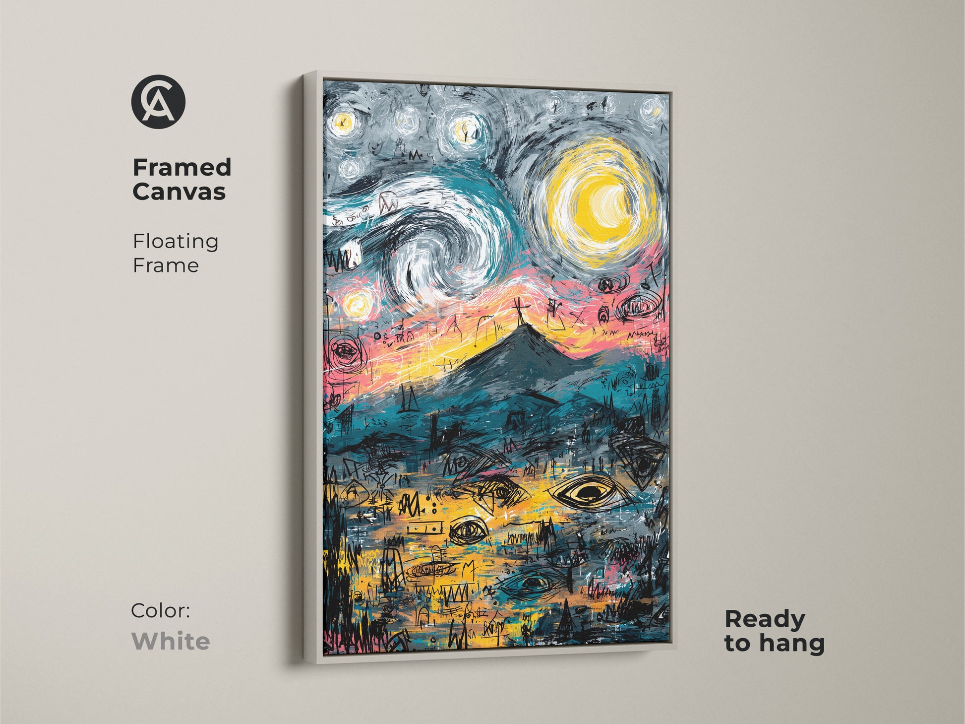 Framed canvas art print in a white floating frame. The artwork shows a mountain under a starry sky. The canvas print is ready to hang. Shop white framed canvas art prints now.