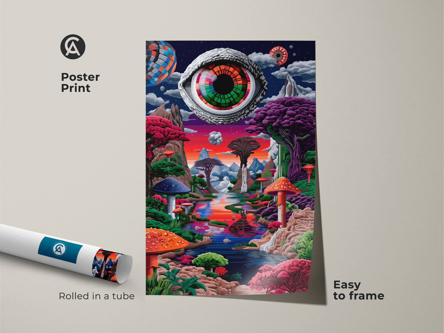 Eye See You poster print rolled in a tube. This psychedelic artwork features a giant eye over a colorful mushroom forest. Easy to frame this museum-quality paper print adds a surreal touch to your home art collection. It is the perfect wall decor.