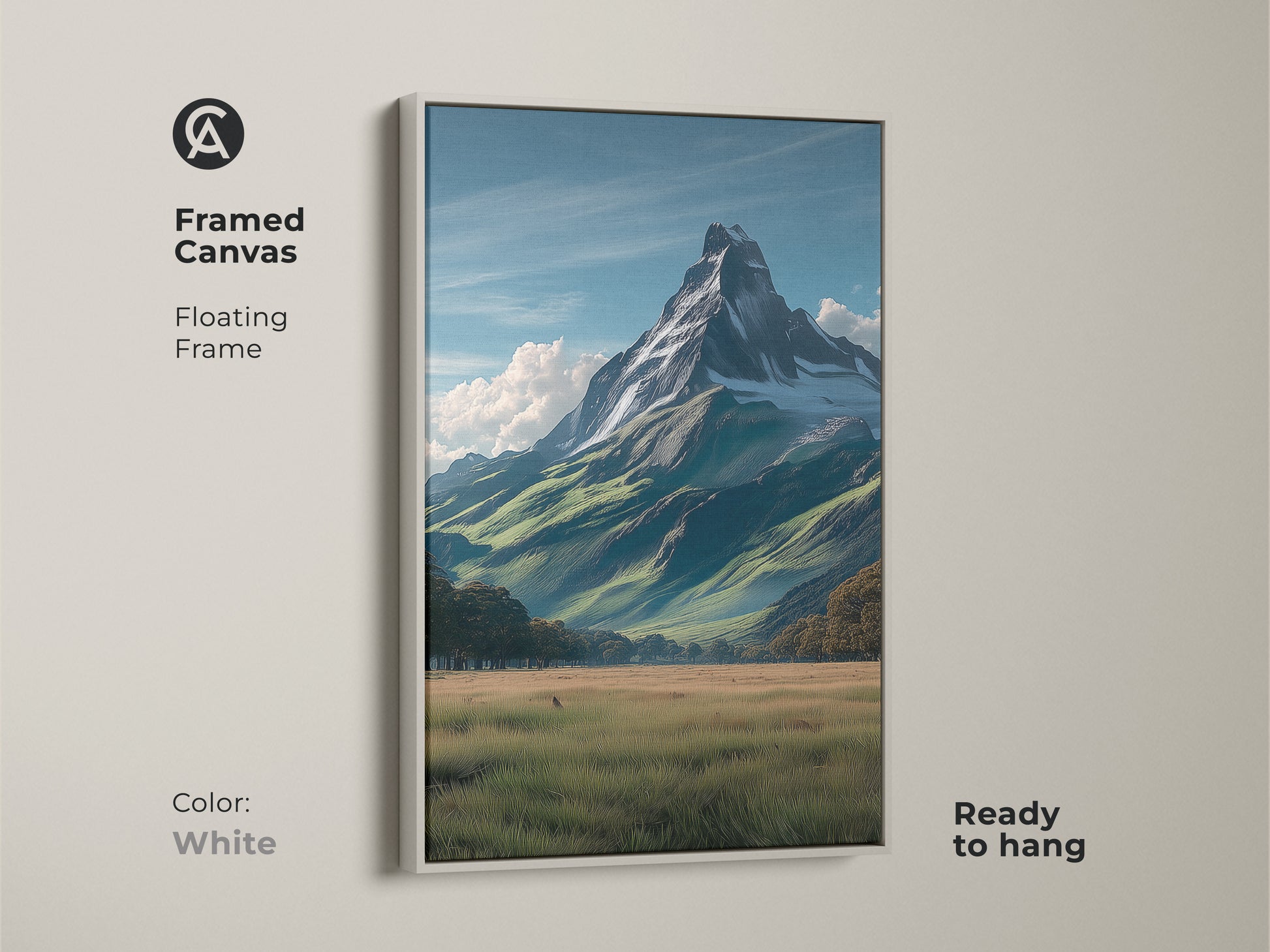 Framed canvas art showcasing a realistic snowy mountain peak with a white floating frame. This nature wall decor brings an outdoor adventure theme. Ready to hang. Ideal for serene bedroom nature wall art.