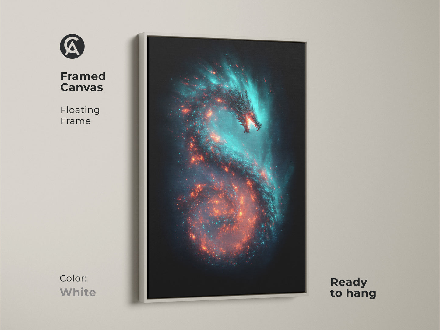 Framed canvas featuring a galaxy dragon. The floating frame enhances the cosmic nebula artwork. The teal and orange space art is ready to hang. Ideal for eclectic sci-fi wall decor. The white frame offers a clean look to this fantasy dragon artwork.