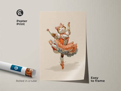 Orange ballerina cat art is rolled in a tube as a poster print. This whimsical fantasy cat art is easy to frame. Perfect as cute cat bedroom decor. The animal ballet dancer print makes an ideal birthday gift for cat lovers. This unique cat artwork adds charm to any space.