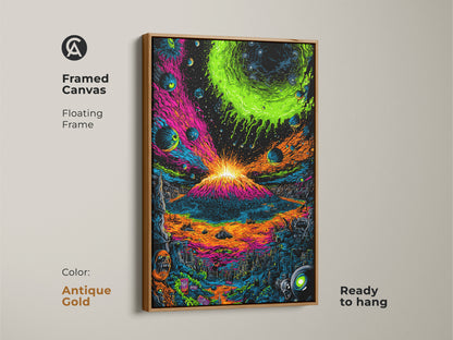 Framed canvas art featuring a psychedelic volcano eruption. This floating frame adds a touch of elegance. The artwork is ready to hang. The antique gold frame enhances the vivid colors of the cosmic volcano scene.