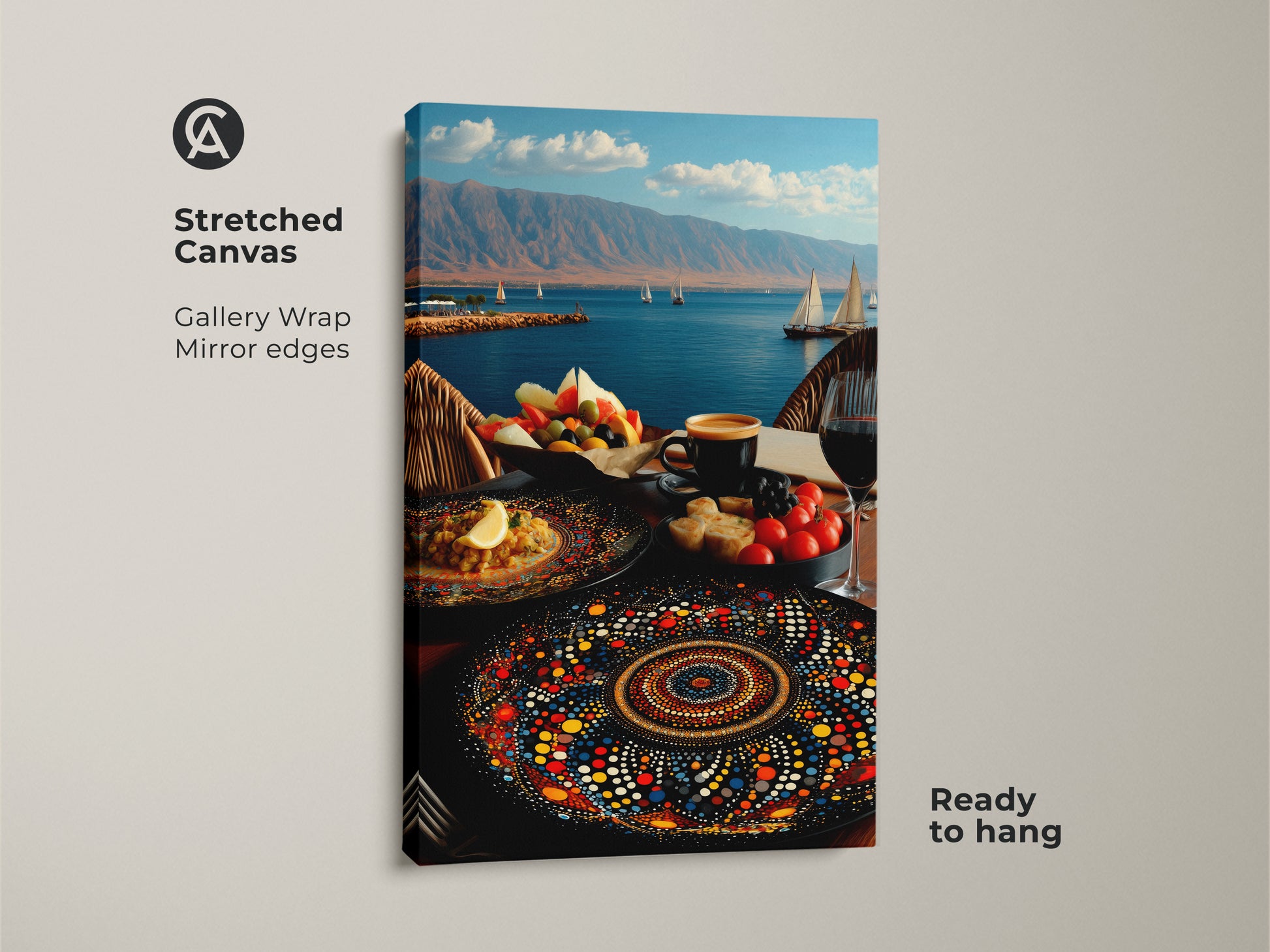 Stretched canvas art depicting a Mediterranean seascape and a sailboat. Gallery-wrapped with mirror edges that create a stunning visual. The artwork includes a fruit platter and mandala art ideal for coastal living spaces. This folk art print arrives ready to hang.