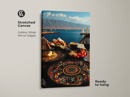 Stretched canvas art depicting a Mediterranean seascape and a sailboat. Gallery-wrapped with mirror edges that create a stunning visual. The artwork includes a fruit platter and mandala art ideal for coastal living spaces. This folk art print arrives ready to hang.
