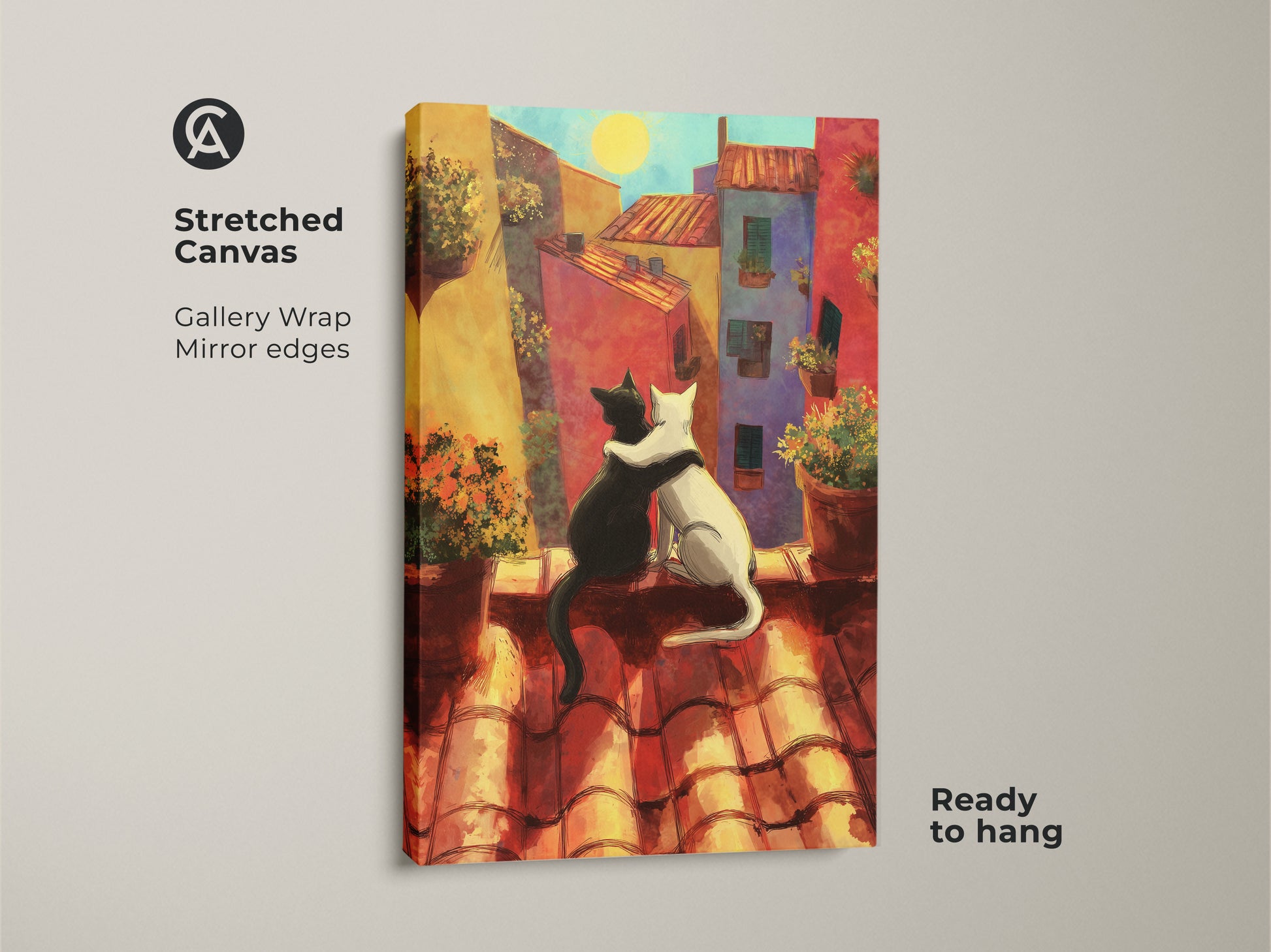 Stretched canvas art print of embracing cats. This gallery-wrapped canvas features mirror edges. The romantic cat couple overlooks a colorful cityscape ready to hang. A unique boho folk art piece.