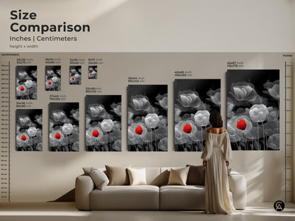 Size comparison of abstract botanical line art in inches and centimeters. See the red poppy artwork in various sizes. Black and white floral canvas options are available. Choose the perfect scale for your minimalist home decor.