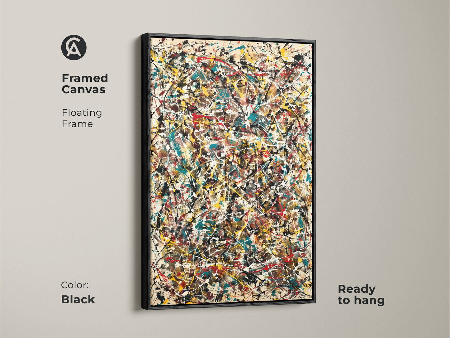 Framed canvas print of an abstract expressionist painting. The black floating frame enhances the vibrant colors. Ready to hang this framed artwork adds a sophisticated touch to your modern interior.