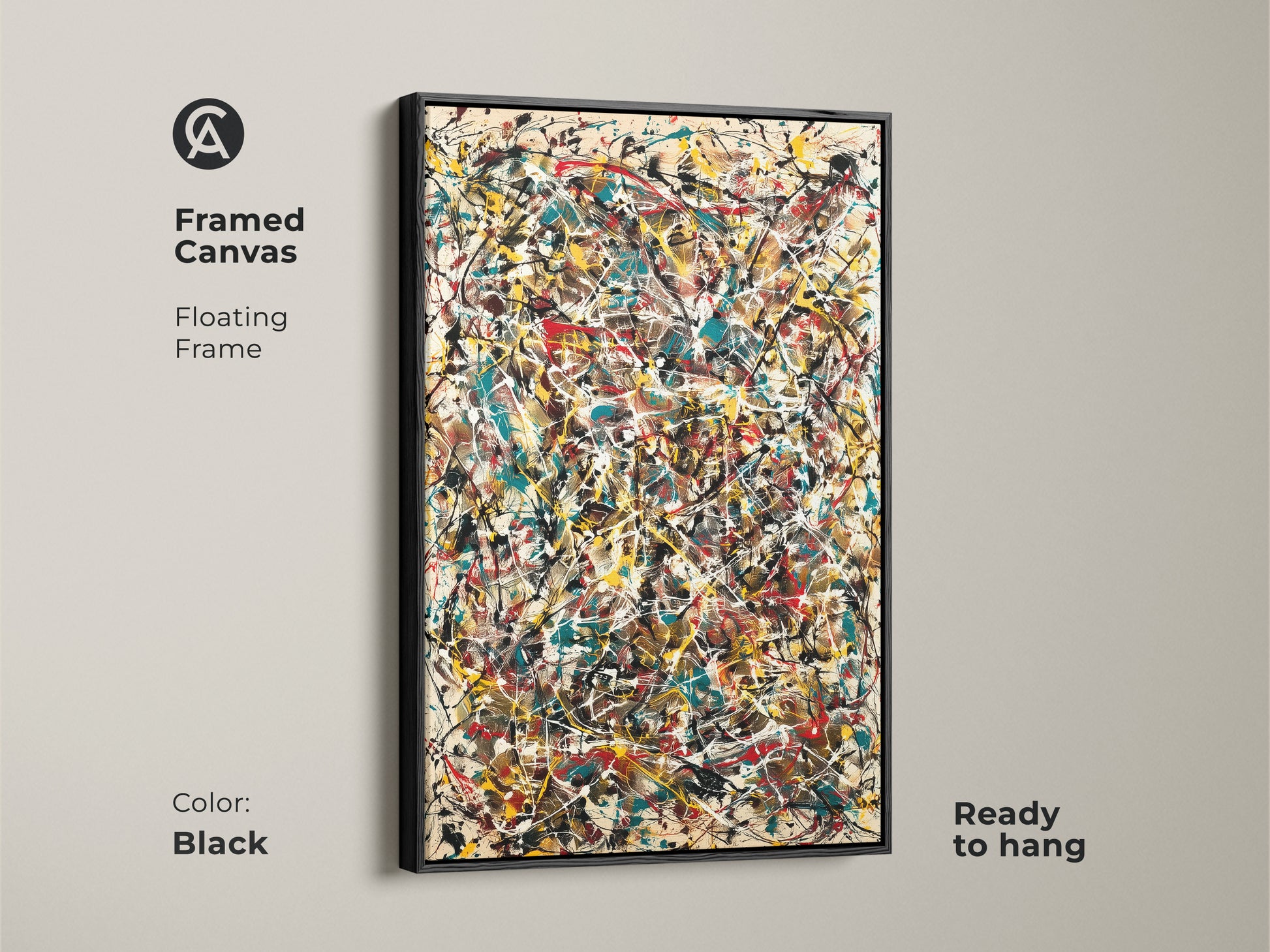 Framed canvas print of an abstract expressionist painting. The black floating frame enhances the vibrant colors. Ready to hang this framed artwork adds a sophisticated touch to your modern interior.