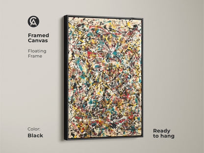 Framed canvas print of an abstract expressionist painting. The black floating frame enhances the vibrant colors. Ready to hang this framed artwork adds a sophisticated touch to your modern interior.