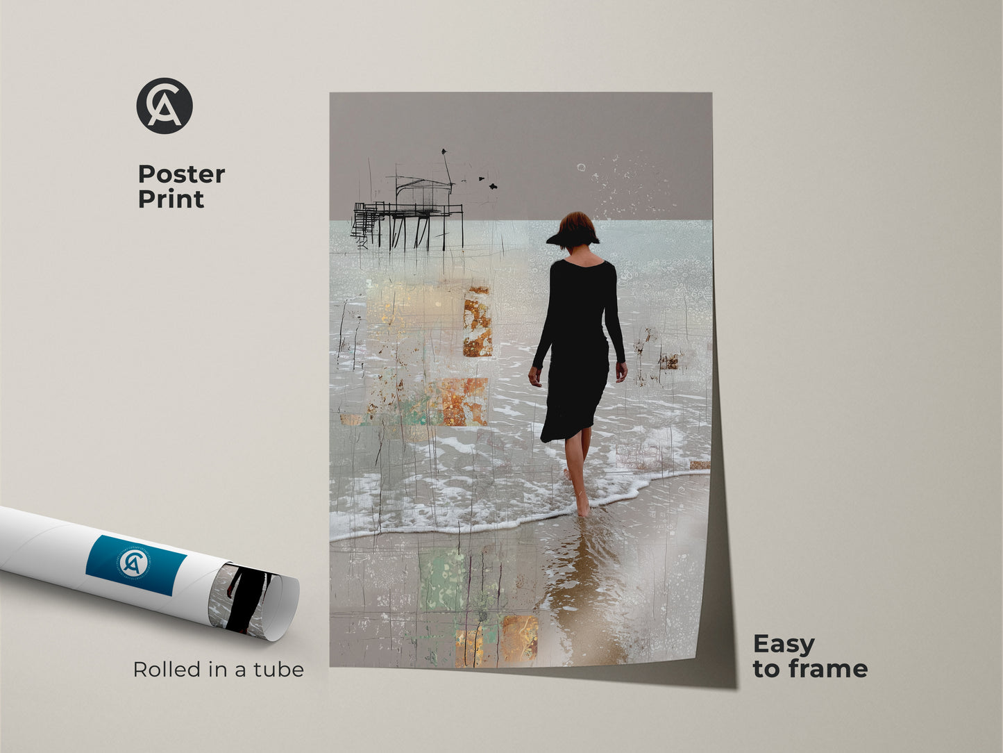 This poster print showcases minimalist woman art. Rolled in a tube it’s easy to frame. The abstract landscape print depicts a pier and woman on a beach. The beige toned artwork is a calm coastal wall decor piece. A subtle abstract art gift idea.