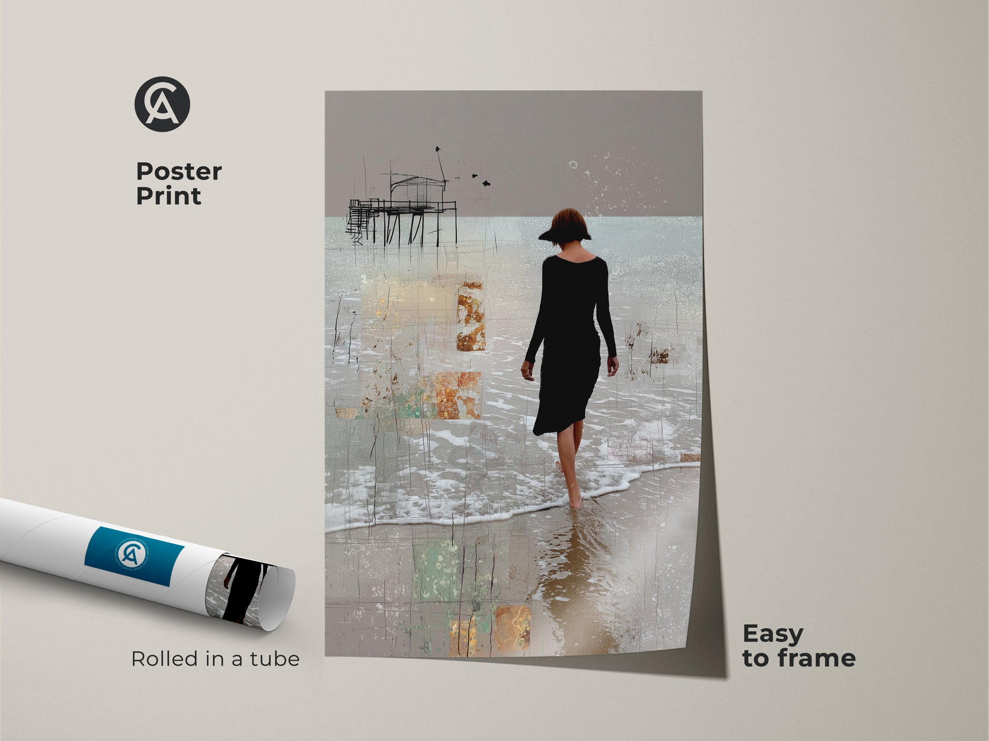 This poster print showcases minimalist woman art. Rolled in a tube it’s easy to frame. The abstract landscape print depicts a pier and woman on a beach. The beige toned artwork is a calm coastal wall decor piece. A subtle abstract art gift idea.