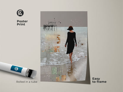 This poster print showcases minimalist woman art. Rolled in a tube it’s easy to frame. The abstract landscape print depicts a pier and woman on a beach. The beige toned artwork is a calm coastal wall decor piece. A subtle abstract art gift idea.