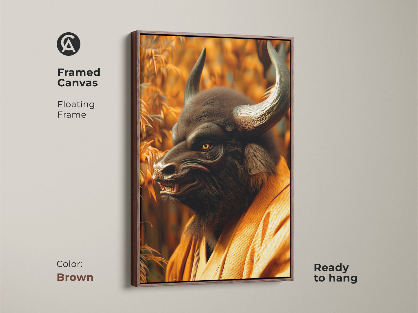 Framed canvas artwork featuring a Minotaur Samurai in a bamboo forest with a brown floating frame. The warm brown frame complements the artwork's serene yet strong presence. Ready to hang and adds a touch of mythical warrior spirit to your decor. The captivating Minotaur art is a focal point.