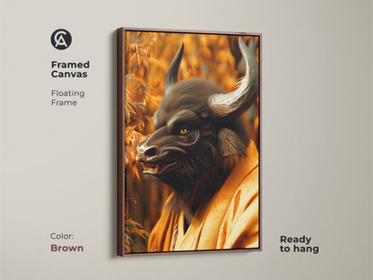 Framed canvas artwork featuring a Minotaur Samurai in a bamboo forest with a brown floating frame. The warm brown frame complements the artwork's serene yet strong presence. Ready to hang and adds a touch of mythical warrior spirit to your decor. The captivating Minotaur art is a focal point.