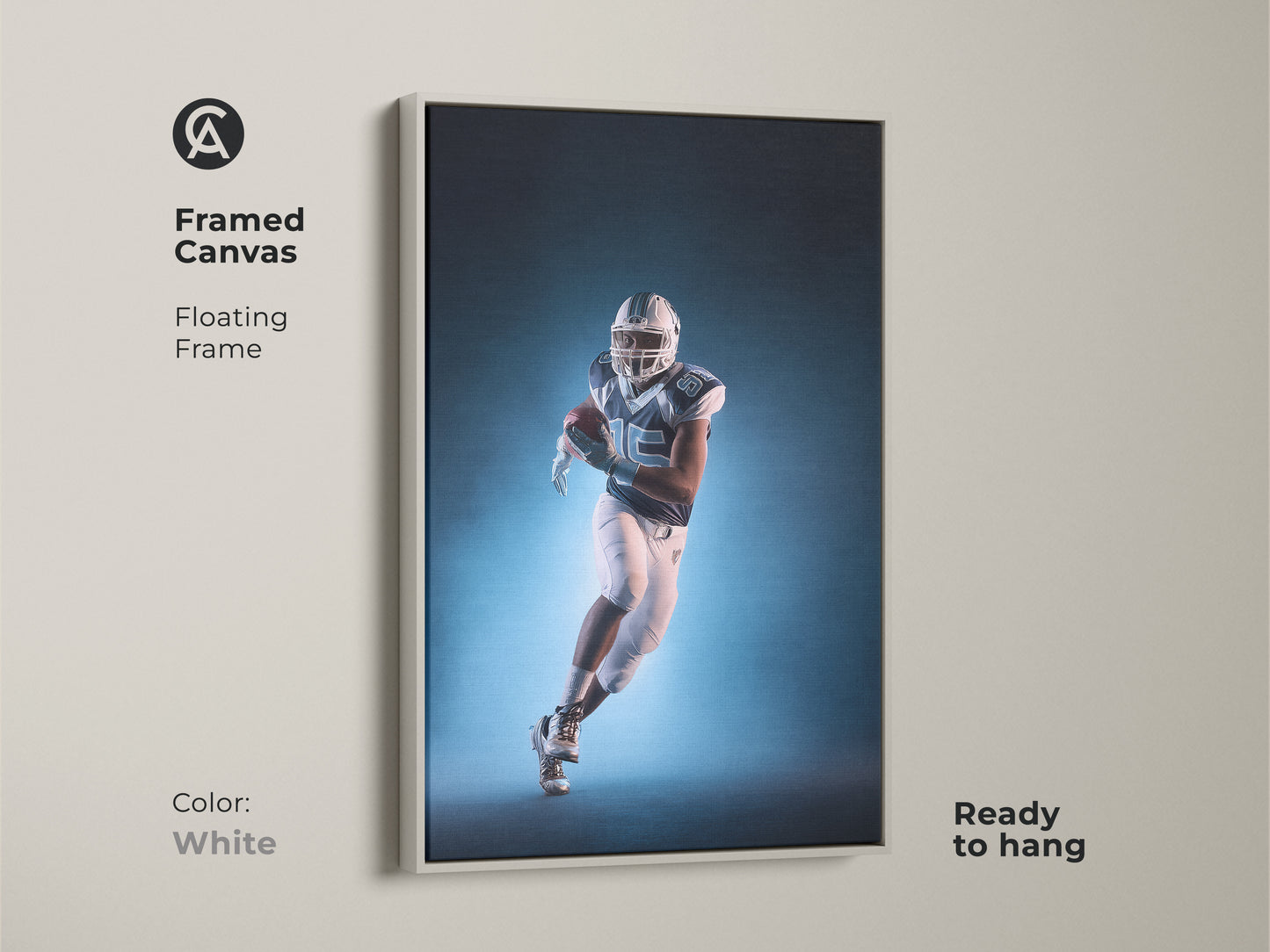 A framed canvas with floating frame features an American Football player. The contemporary teal and white sports artwork is ready to hang. The white frame adds a modern athletic vibe. It's a fantastic gift for sports fans.