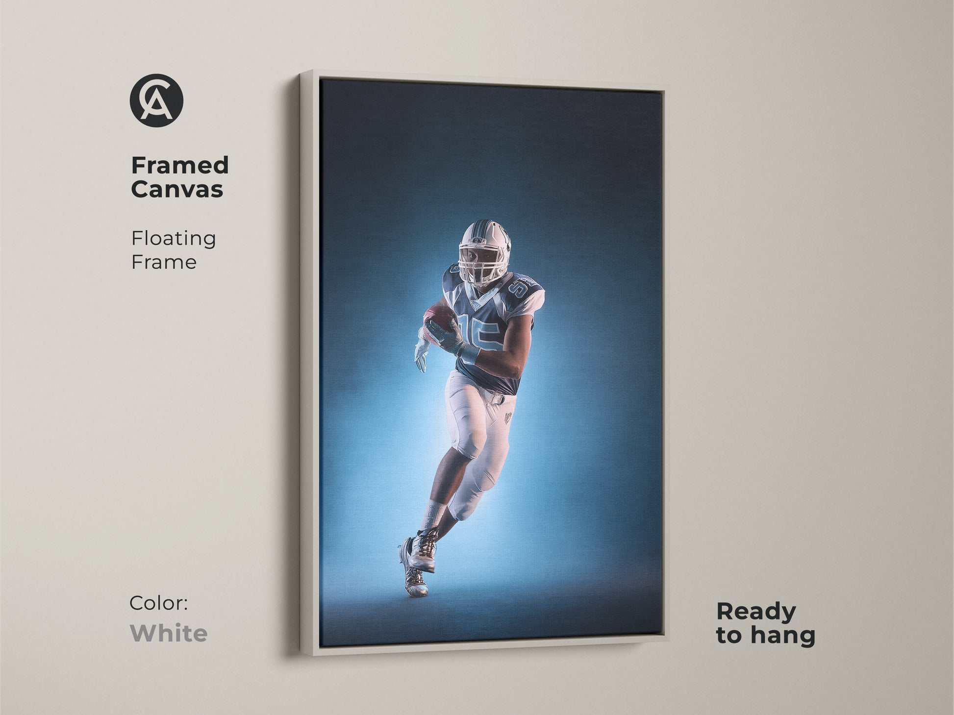 A framed canvas with floating frame features an American Football player. The contemporary teal and white sports artwork is ready to hang. The white frame adds a modern athletic vibe. It's a fantastic gift for sports fans.