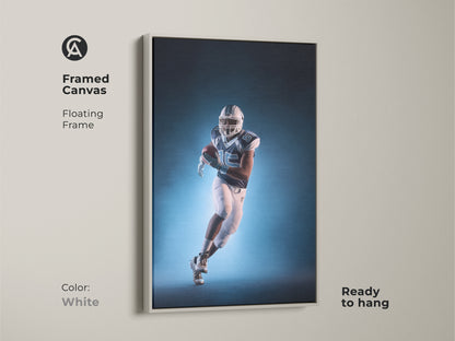 A framed canvas with floating frame features an American Football player. The contemporary teal and white sports artwork is ready to hang. The white frame adds a modern athletic vibe. It's a fantastic gift for sports fans.