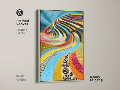 Framed canvas folk art landscape. The abstract blue river is showcased in a floating white frame. Ready to hang this colorful artwork adds an eclectic touch. Perfect for a housewarming gift. This nature painting enhances any home. A vibrant unique wall art piece.
