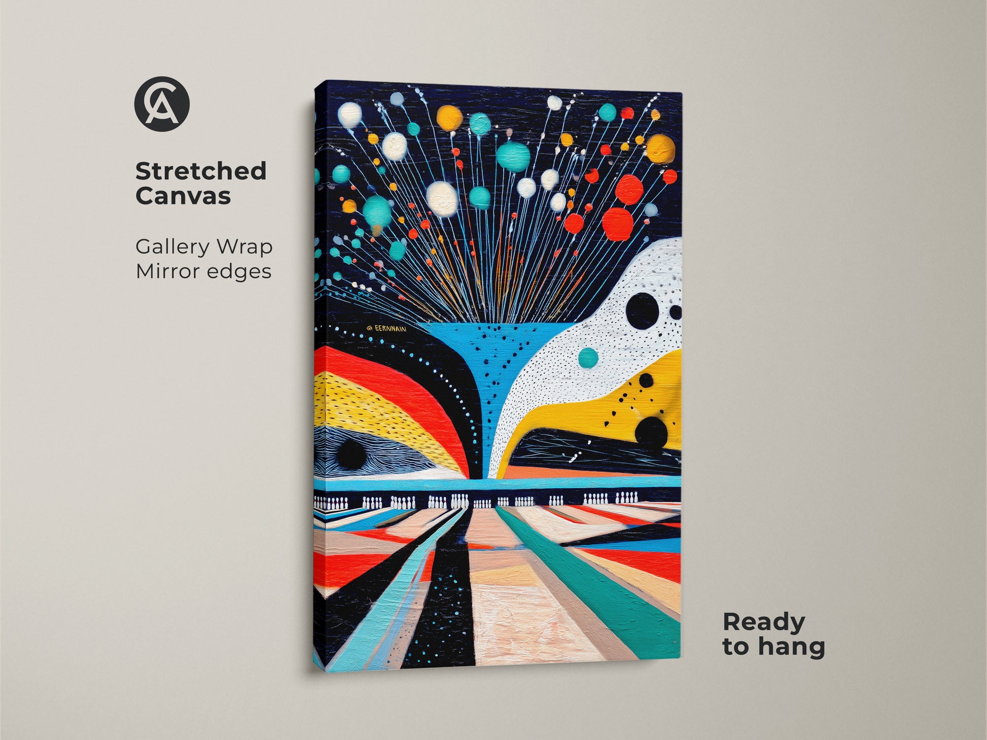 Stretched canvas featuring abstract bowling art. Gallery wrapped with mirror edges. A ready to hang piece with geometric sport theme. The teal red and yellow accents create a vibrant modern artwork. Ideal for a game room.