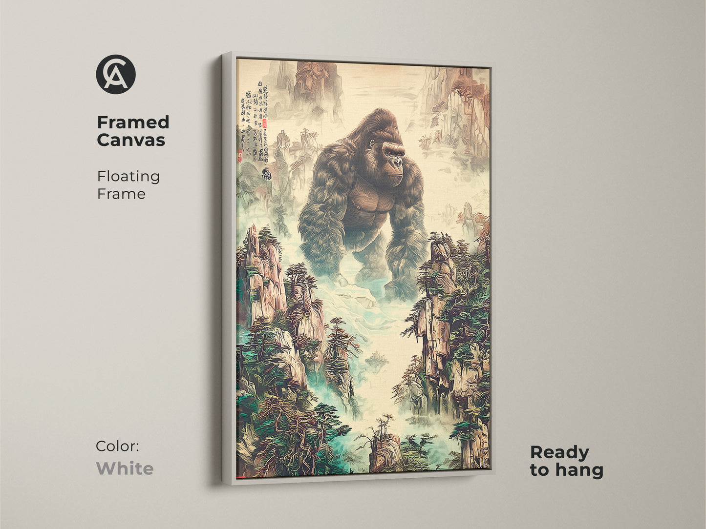 This framed canvas features a floating frame. The traditional Chinese art print has a gorilla in a mountain landscape. It is ready to hang in a white frame. The wildlife enthusiast gift displays earth tones and deep greens. It is unique animal artwork.