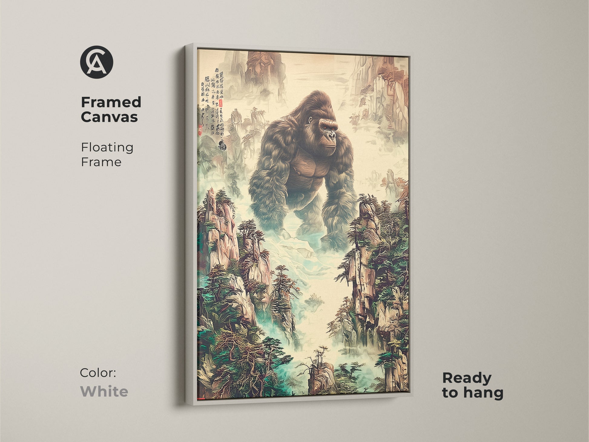 This framed canvas features a floating frame. The traditional Chinese art print has a gorilla in a mountain landscape. It is ready to hang in a white frame. The wildlife enthusiast gift displays earth tones and deep greens. It is unique animal artwork.