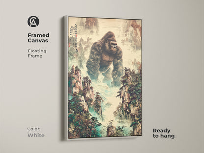 This framed canvas features a floating frame. The traditional Chinese art print has a gorilla in a mountain landscape. It is ready to hang in a white frame. The wildlife enthusiast gift displays earth tones and deep greens. It is unique animal artwork.