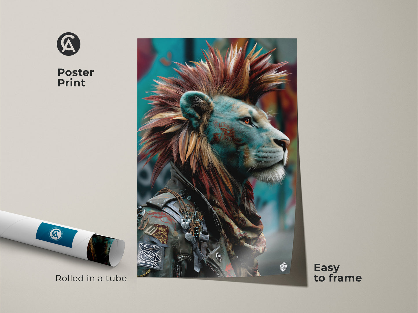 Poster print of a punk lion with a mohawk. The urban street art print features a red and teal animal poster. This Mohawk King wall art is easy to frame. Perfect eclectic man cave decor or unique bedroom art. Rolled in a tube.