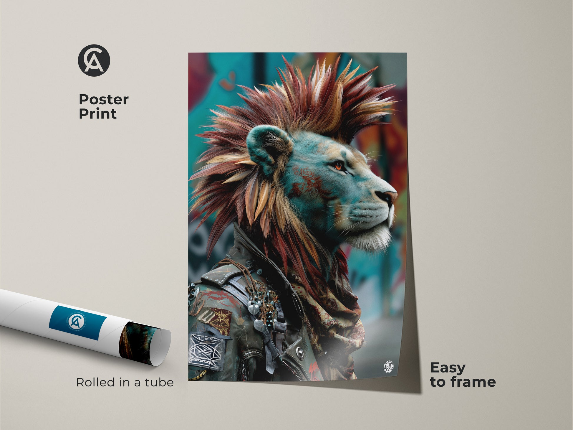 Poster print of a punk lion with a mohawk. The urban street art print features a red and teal animal poster. This Mohawk King wall art is easy to frame. Perfect eclectic man cave decor or unique bedroom art. Rolled in a tube.
