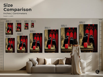 Size comparison showcasing Gothic Arch Raven artwork. The canvas print size can be compared. With options from small to large this gothic architecture art is perfect for various rooms
