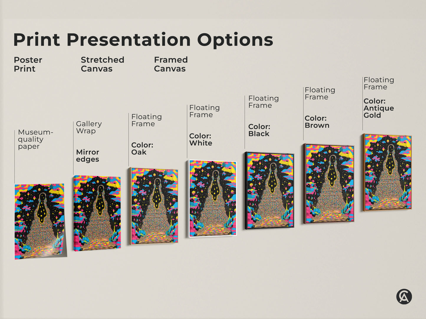 Explore print presentation options. See poster prints on museum quality paper. Options include stretched canvas with gallery wrap and mirror edges and framed canvas. Floating frame colors include Oak White Black Brown and Antique Gold. Discover psychedelic wall art options. Perfect for adding surreal cosmic art and eclectic home decor.