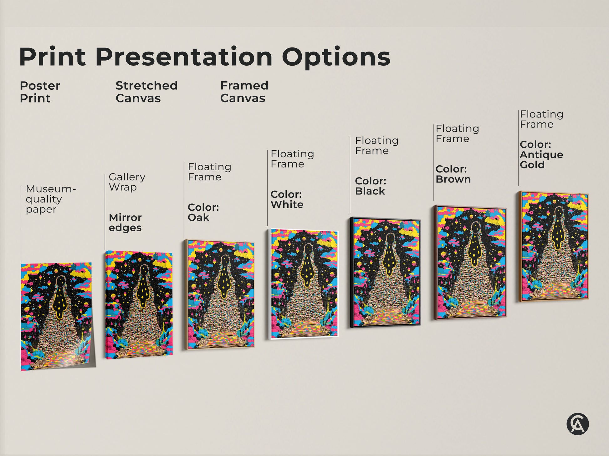 Explore print presentation options. See poster prints on museum quality paper. Options include stretched canvas with gallery wrap and mirror edges and framed canvas. Floating frame colors include Oak White Black Brown and Antique Gold. Discover psychedelic wall art options. Perfect for adding surreal cosmic art and eclectic home decor.