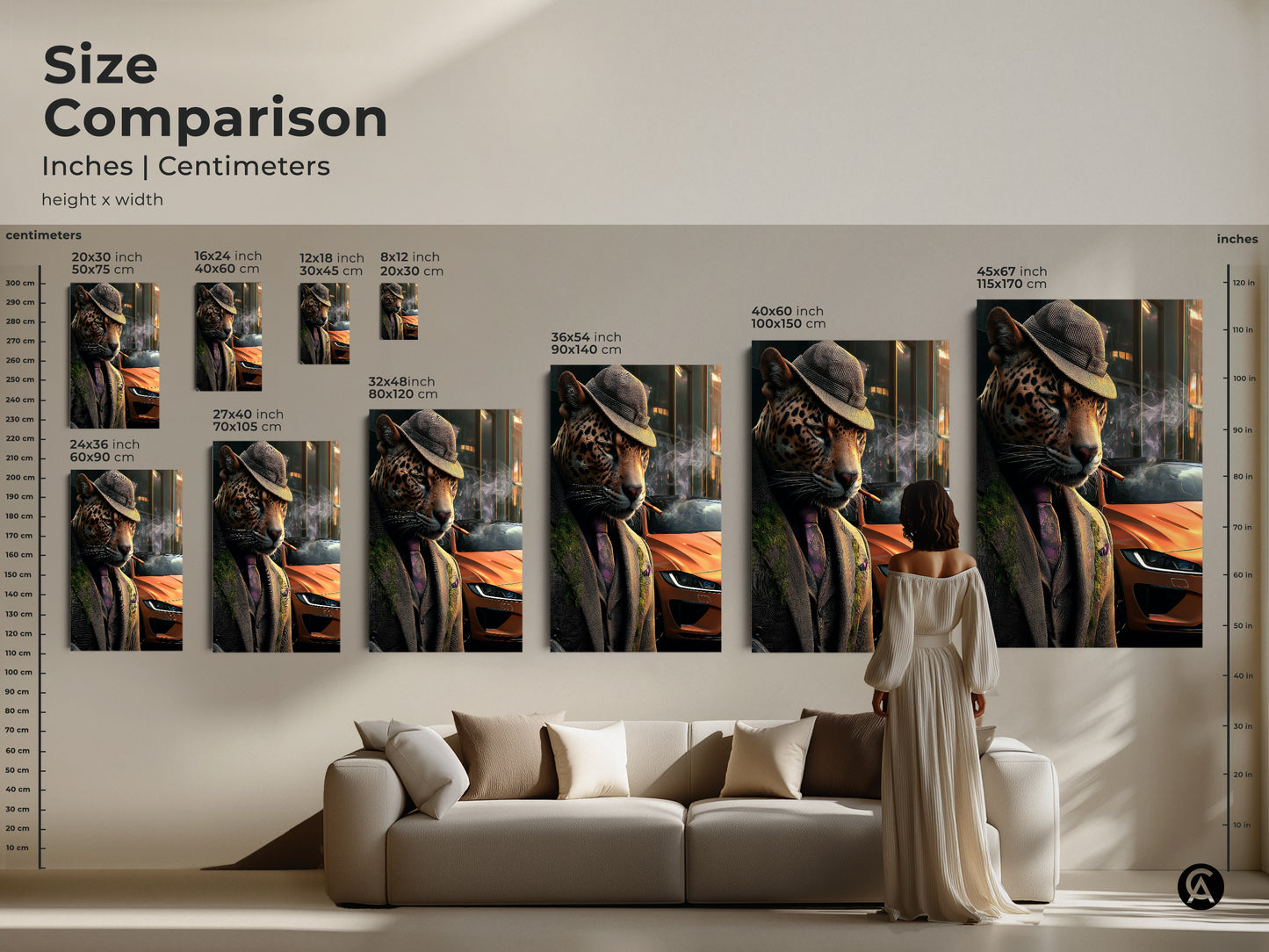 Size comparison of surreal leopard wall art. See how the artwork looks in different sizes. The animal art adds a touch of sophistication to any room. Perfect car enthusiast gift or a statement piece for cat lovers.