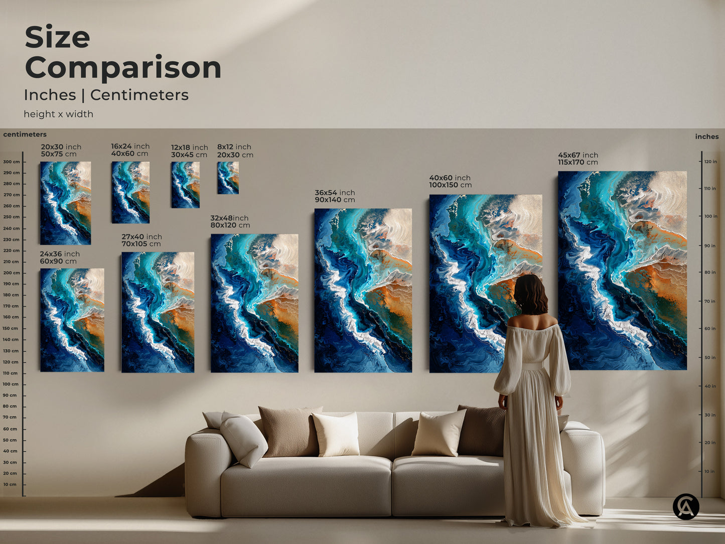 Size comparison of abstract ocean artwork in inches and centimeters. See how teal blue fluid art transforms spaces from small to large. Canvas and poster options available.